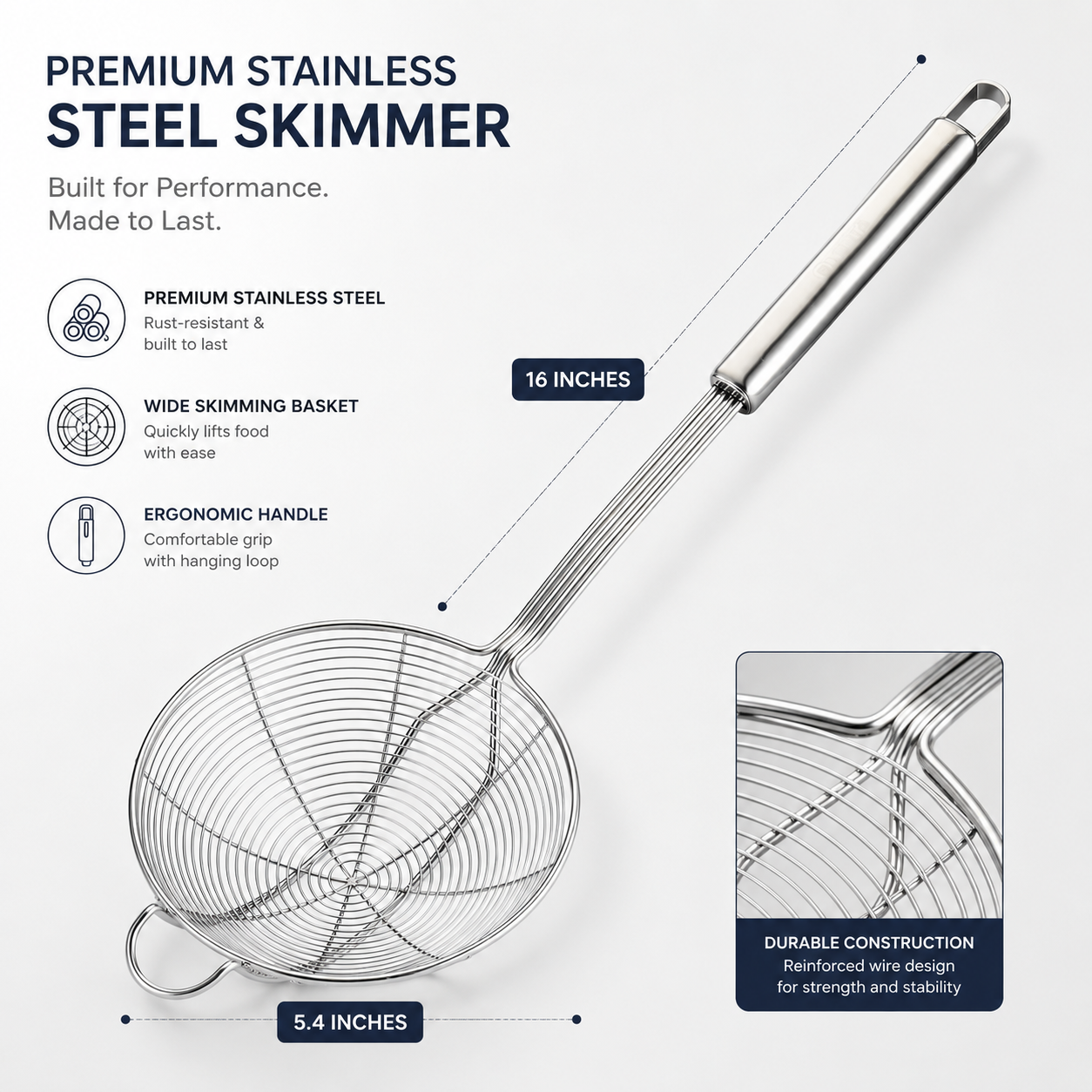 Deep Fry Skimmer Ladle – Stainless Steel Strainer with Long Handle (5.4 Inch)