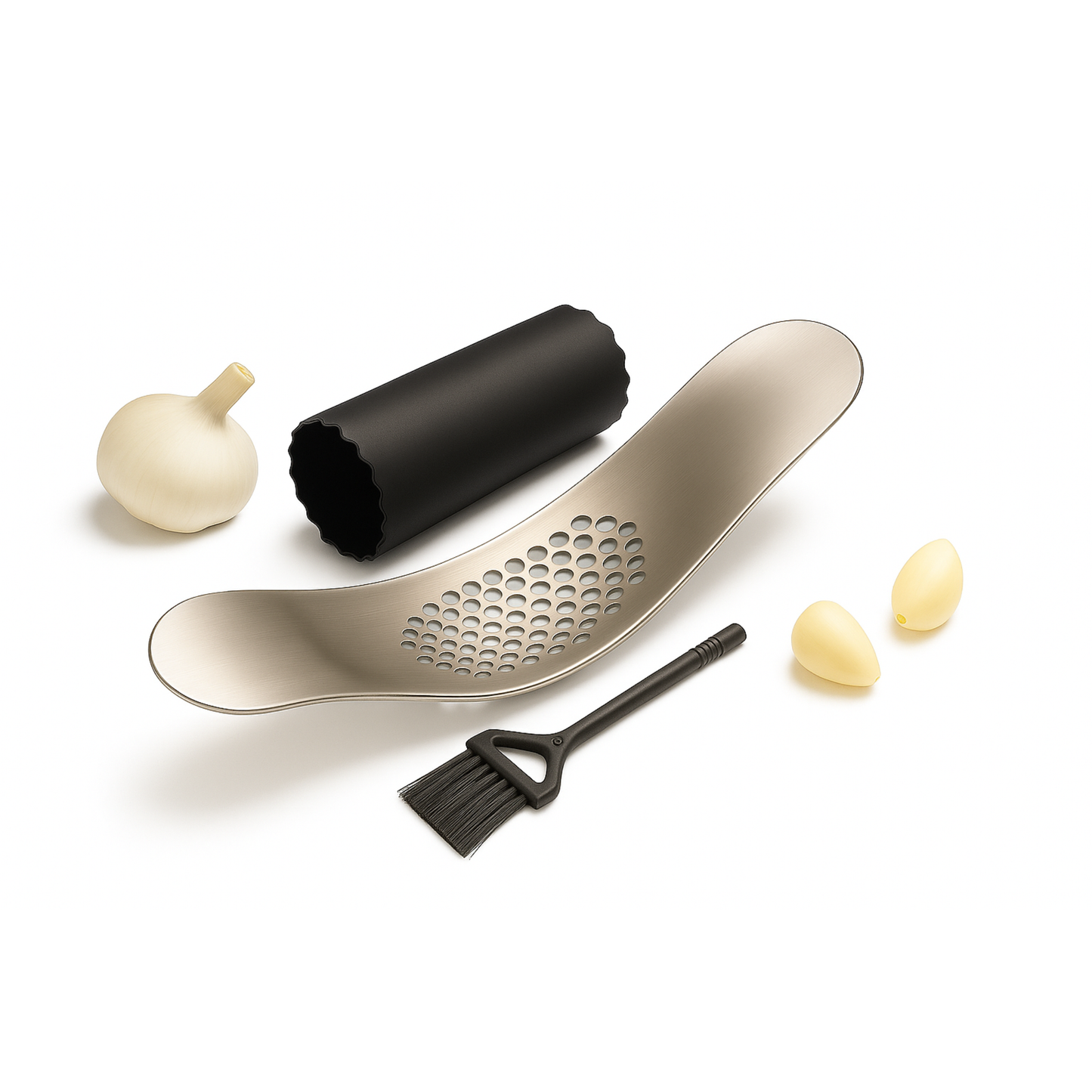 Garlic Press & Peeler Combo – Stainless Steel Garlic Crusher with Silicone Peeling Tube