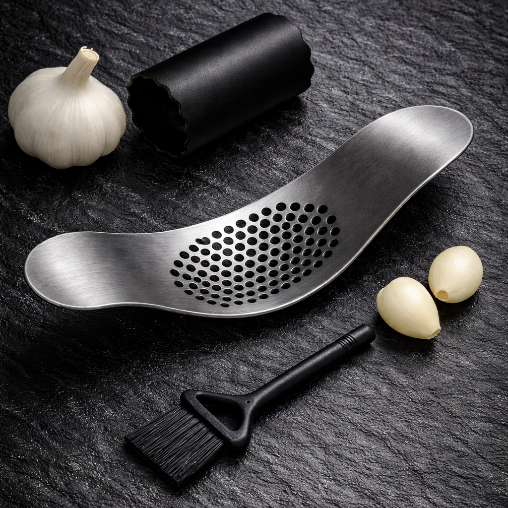 Garlic Press & Peeler Combo – Stainless Steel Garlic Crusher with Silicone Peeling Tube