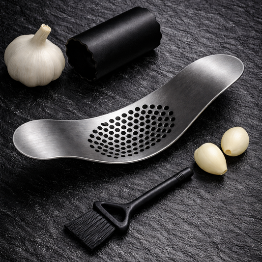 Garlic Press & Peeler Combo – Stainless Steel Garlic Crusher with Silicone Peeling Tube