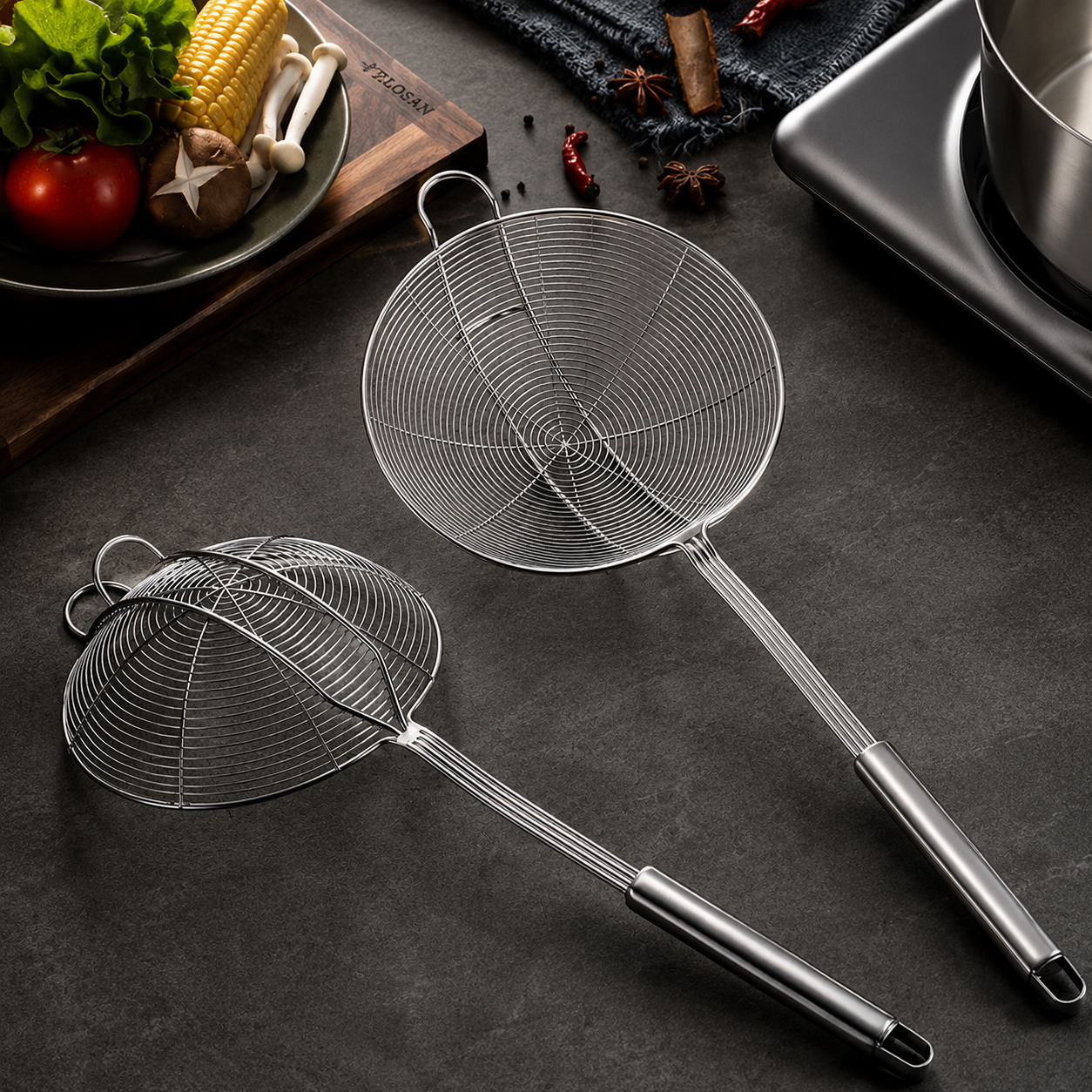 Deep Fry Skimmer Ladle – Stainless Steel Strainer with Long Handle (5.4 Inch)