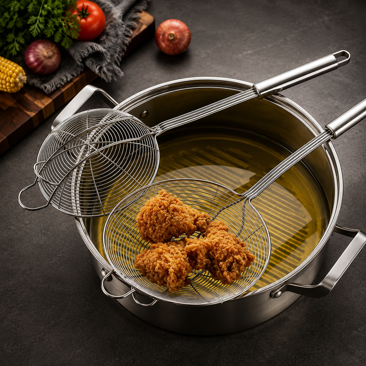 Deep Fry Skimmer Ladle – Stainless Steel Strainer with Long Handle (5.4 Inch)