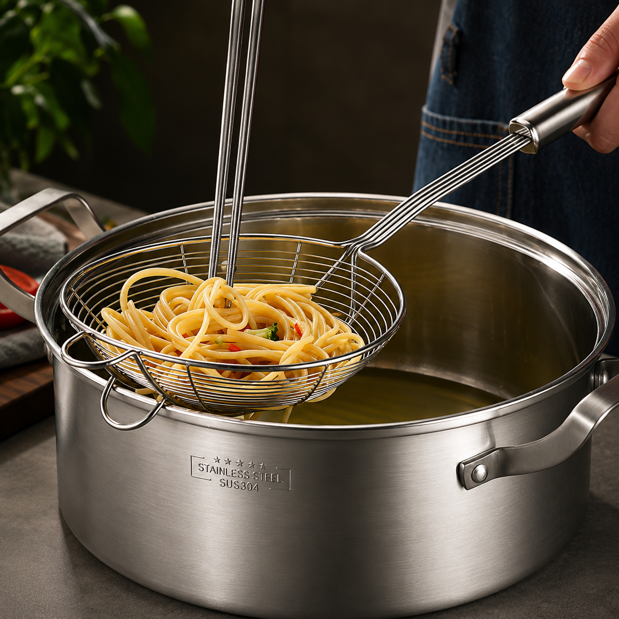 Deep Fry Skimmer Ladle – Stainless Steel Strainer with Long Handle (5.4 Inch)