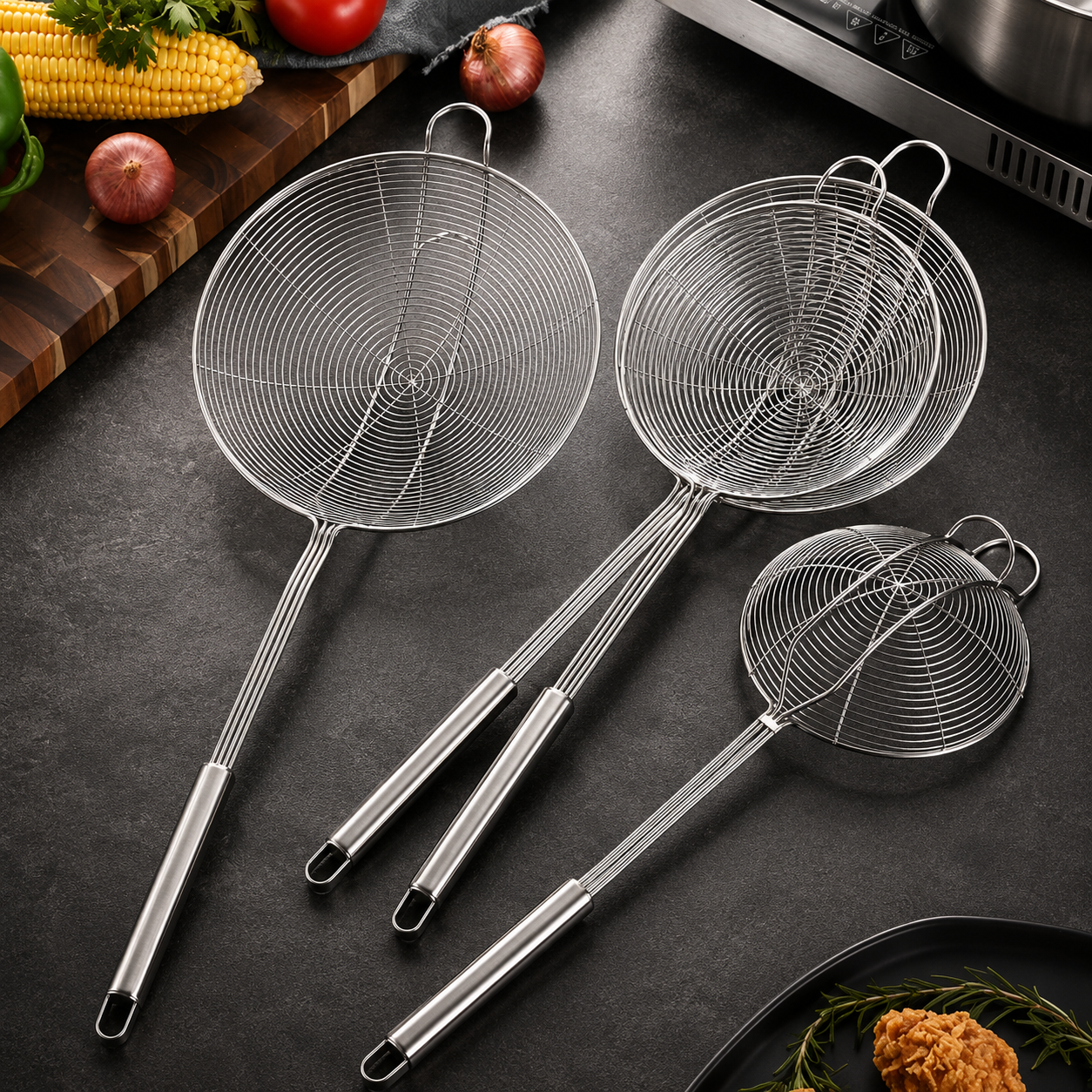 Deep Fry Skimmer Ladle – Stainless Steel Strainer with Long Handle (5.4 Inch)