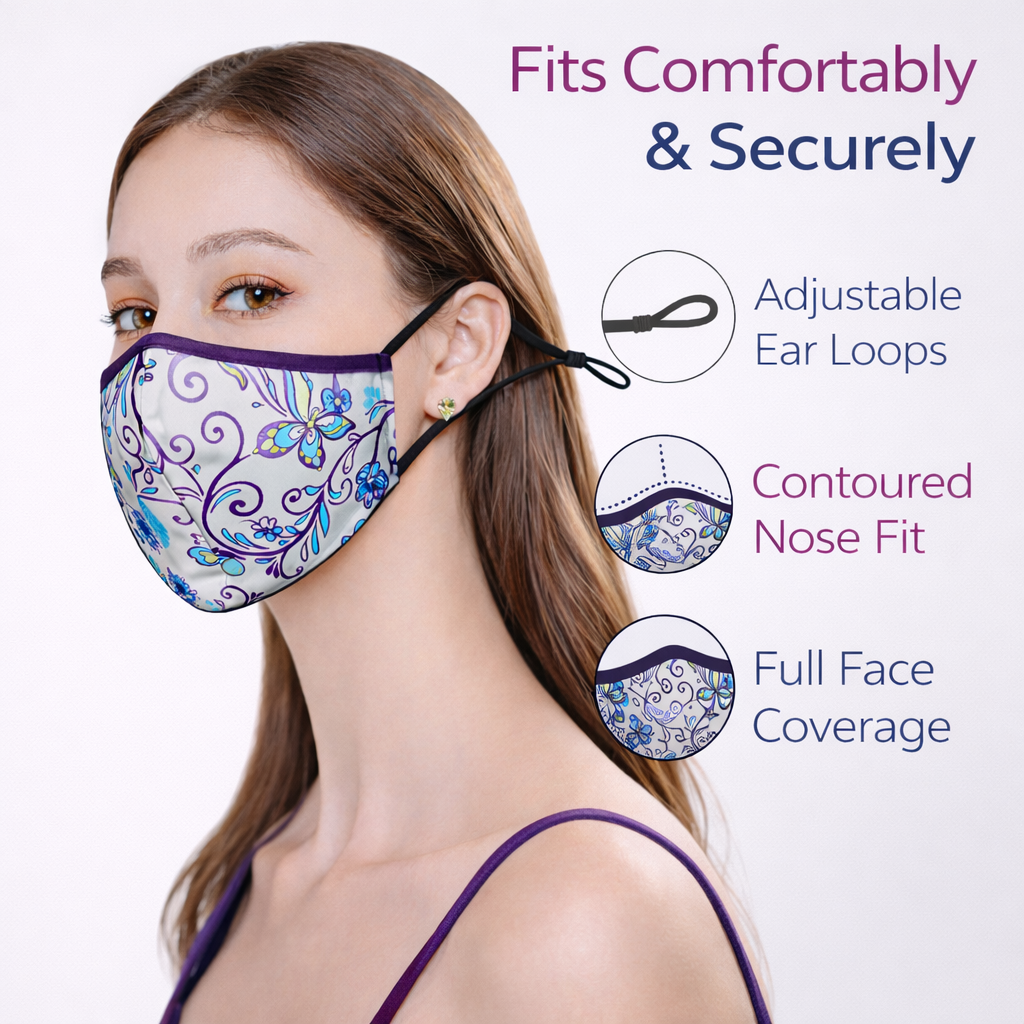 Premium Cotton Cloth Mask – Washable Face Cover with Adjustable Ear Loops (Floral Lavender)