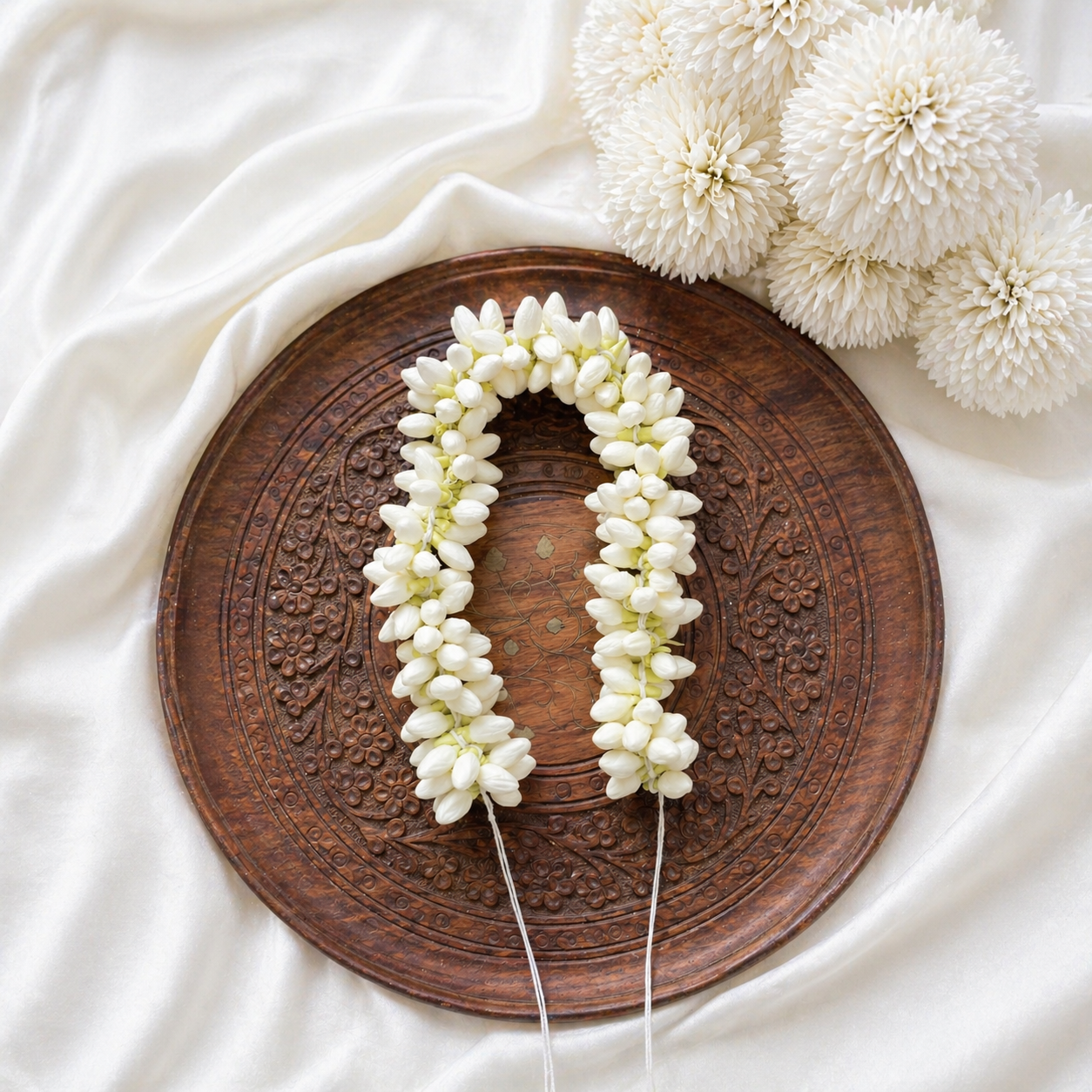 Realistic Artificial Jasmine Flower String for Hair (16 Inch) | Reusable Mallipoo / Mogra Gajra for Women | Handmade Madurai Style Bridal & Dance Hair Accessory