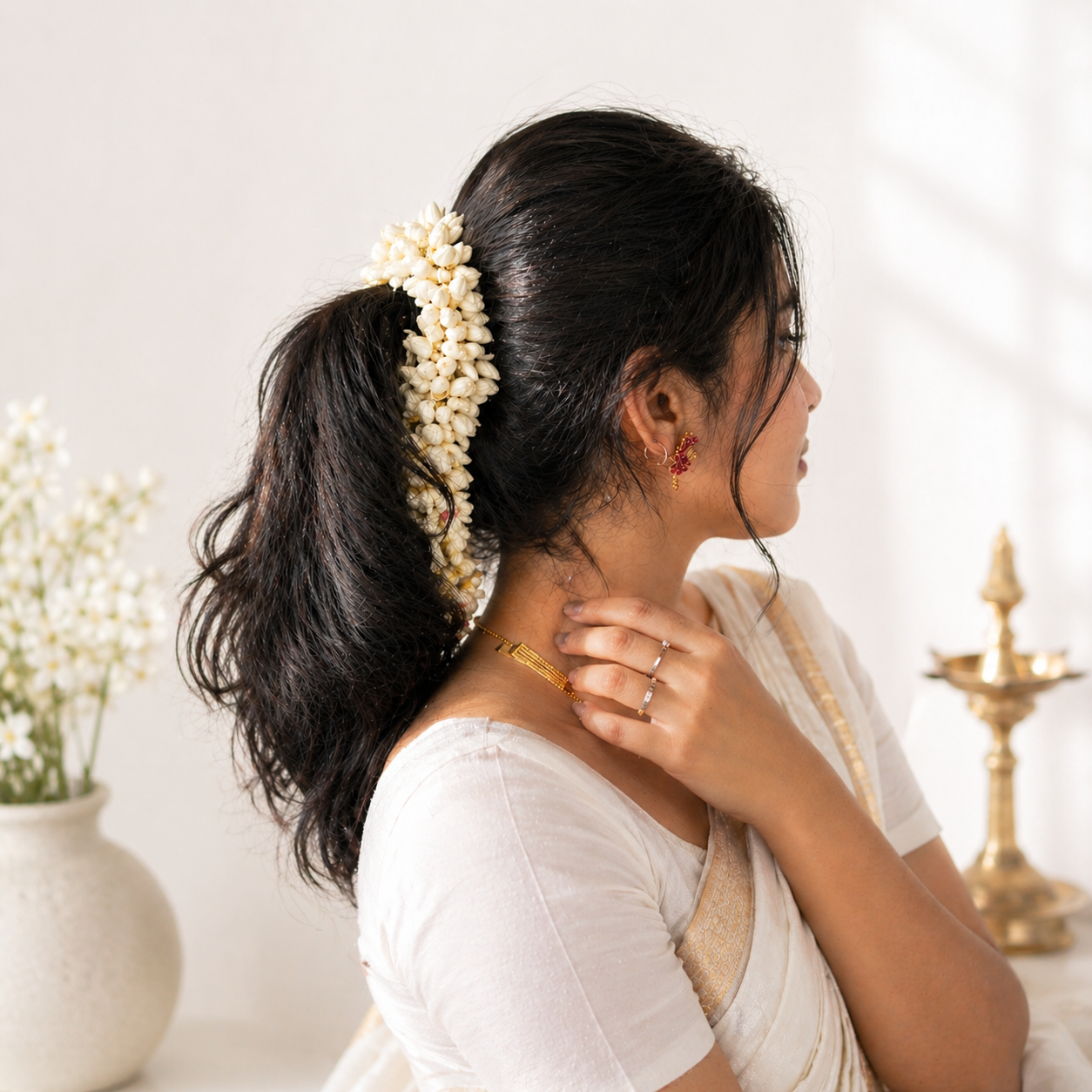 Realistic Artificial Jasmine Flower String for Hair (16 Inch) | Reusable Mallipoo / Mogra Gajra for Women | Handmade Madurai Style Bridal & Dance Hair Accessory