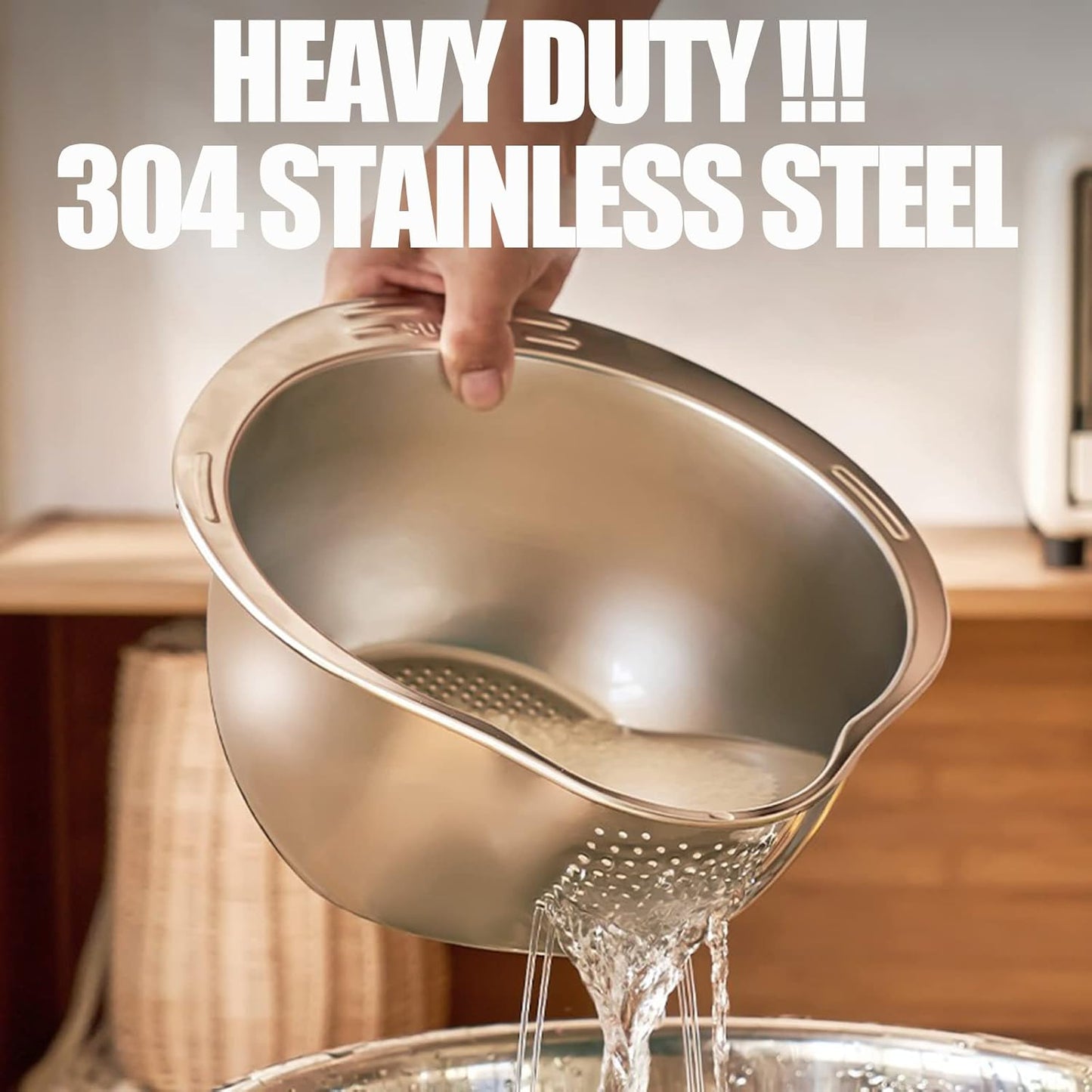 Stainless Steel Rice Washer Strainer Bowl – Side-Drain Colander for Rice, Grains & Vegetables (10 Inch)