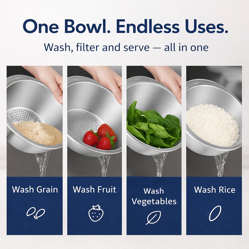 Stainless Steel Rice Washer Strainer Bowl – Side-Drain Colander for Rice, Grains & Vegetables (10 Inch)