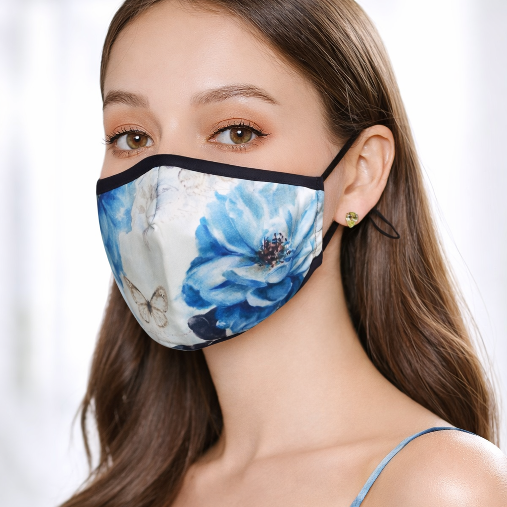Premium Cotton Cloth Mask – Washable Face Cover with Adjustable Ear Loops (Floral Blue)