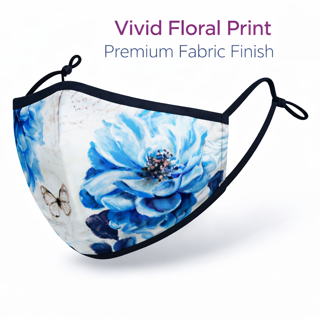 Premium Cotton Cloth Mask – Washable Face Cover with Adjustable Ear Loops (Floral Blue)