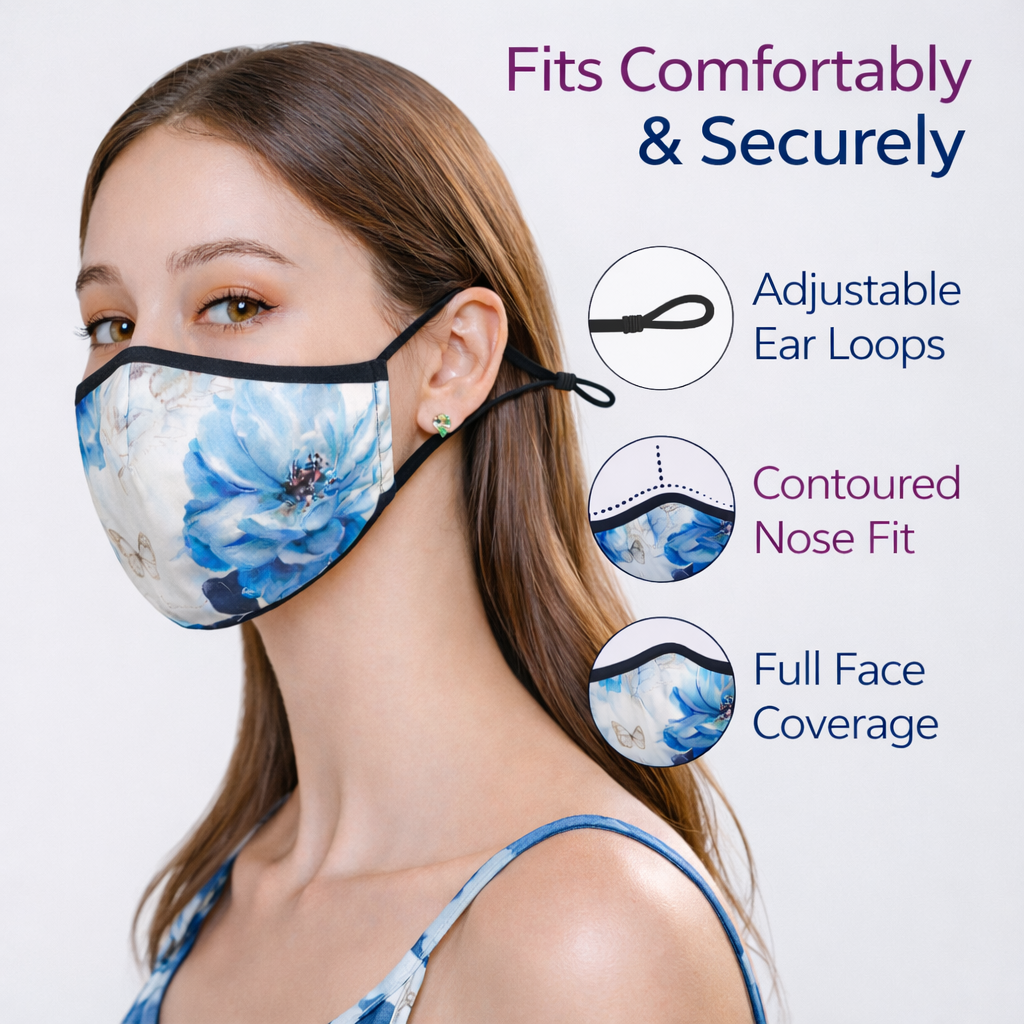 Premium Cotton Cloth Mask – Washable Face Cover with Adjustable Ear Loops (Floral Blue)