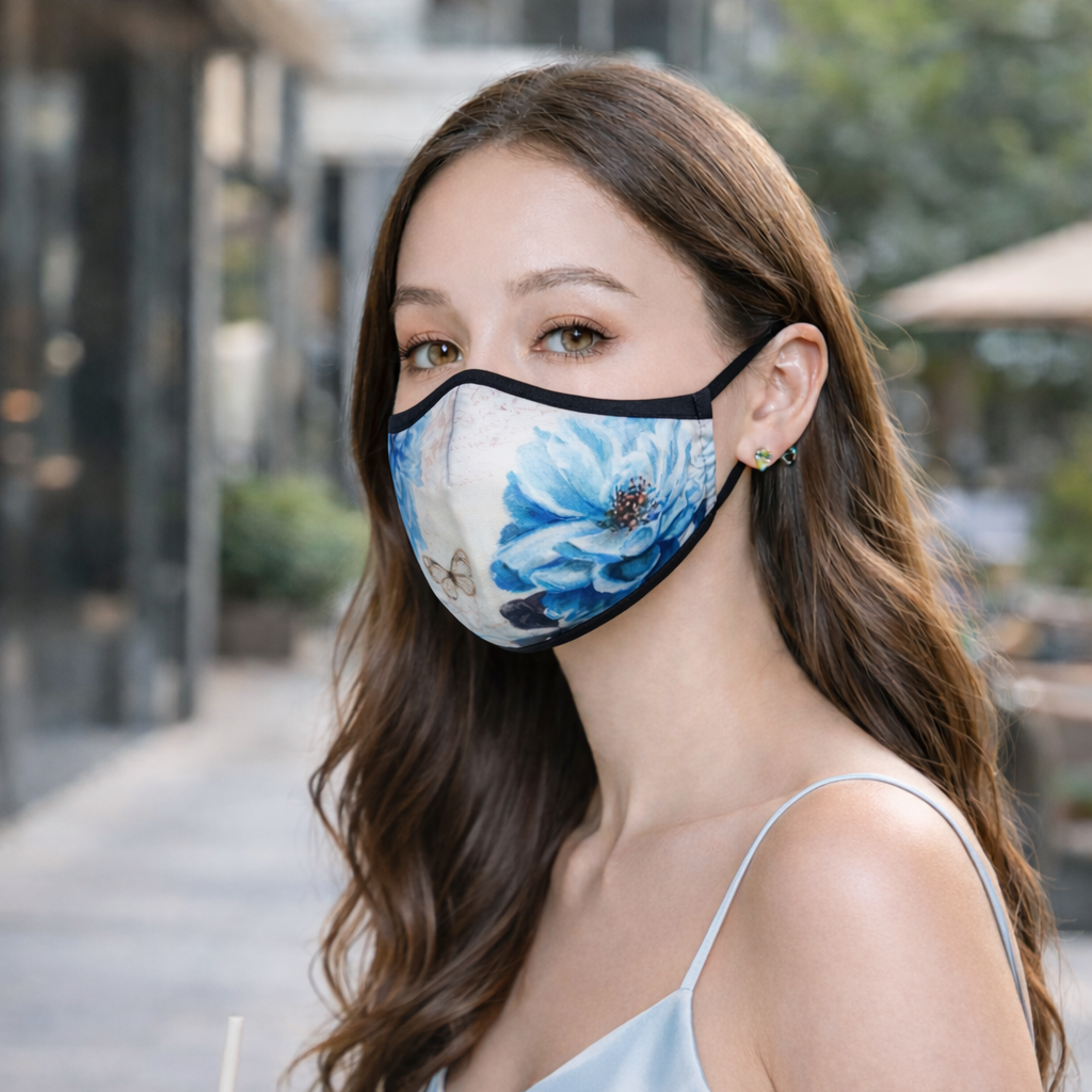 Premium Cotton Cloth Mask – Washable Face Cover with Adjustable Ear Loops (Floral Blue)
