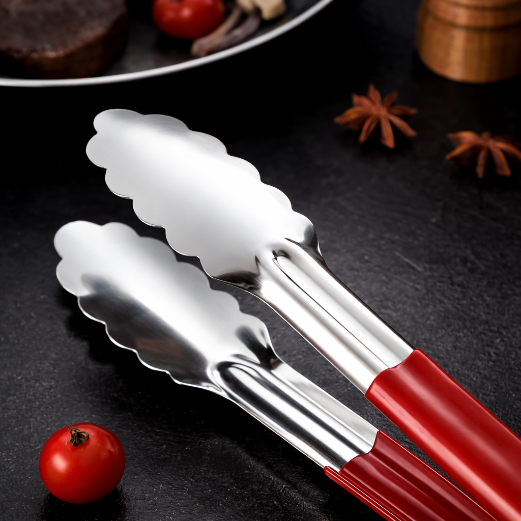 Food Tongs for Cooking & BBQ – Stainless Steel Tongs with Silicone Handle (9 Inch, Red)