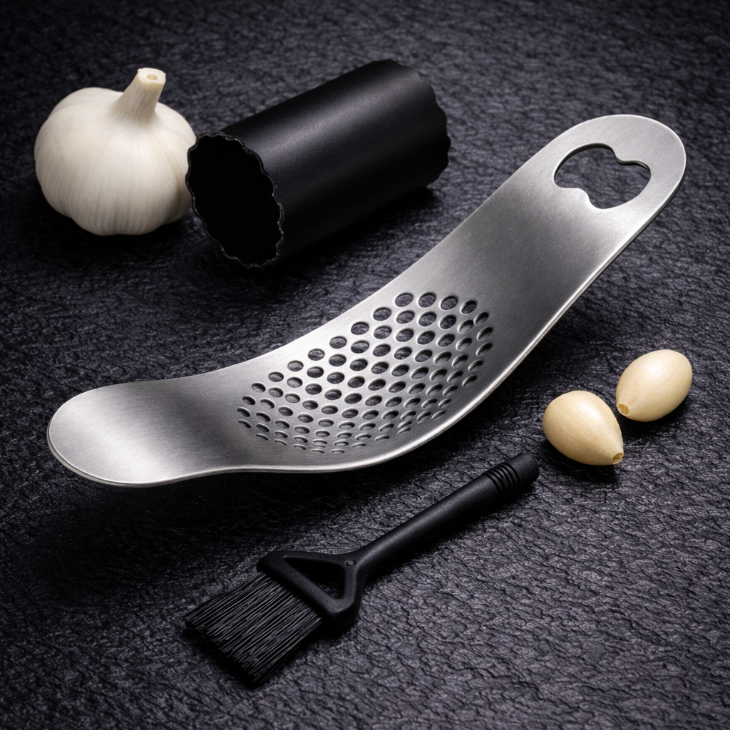 3-in-1 Garlic Press & Peeler Combo – Stainless Steel Garlic Crusher with Bottle Opener