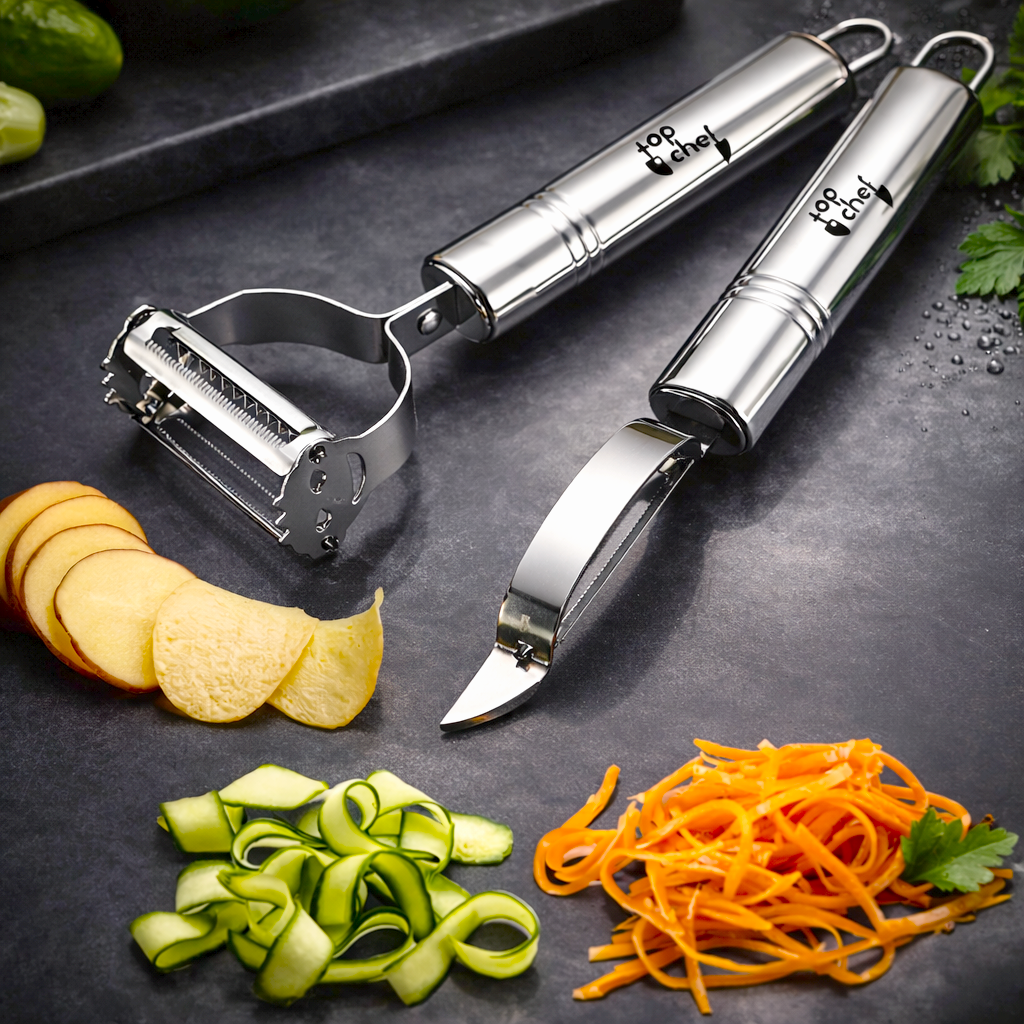Duo 2-Piece Peeler Set – 3 Functions in 2 Tools | Straight + Serrated & Julienne Dual Blade | Stainless Steel