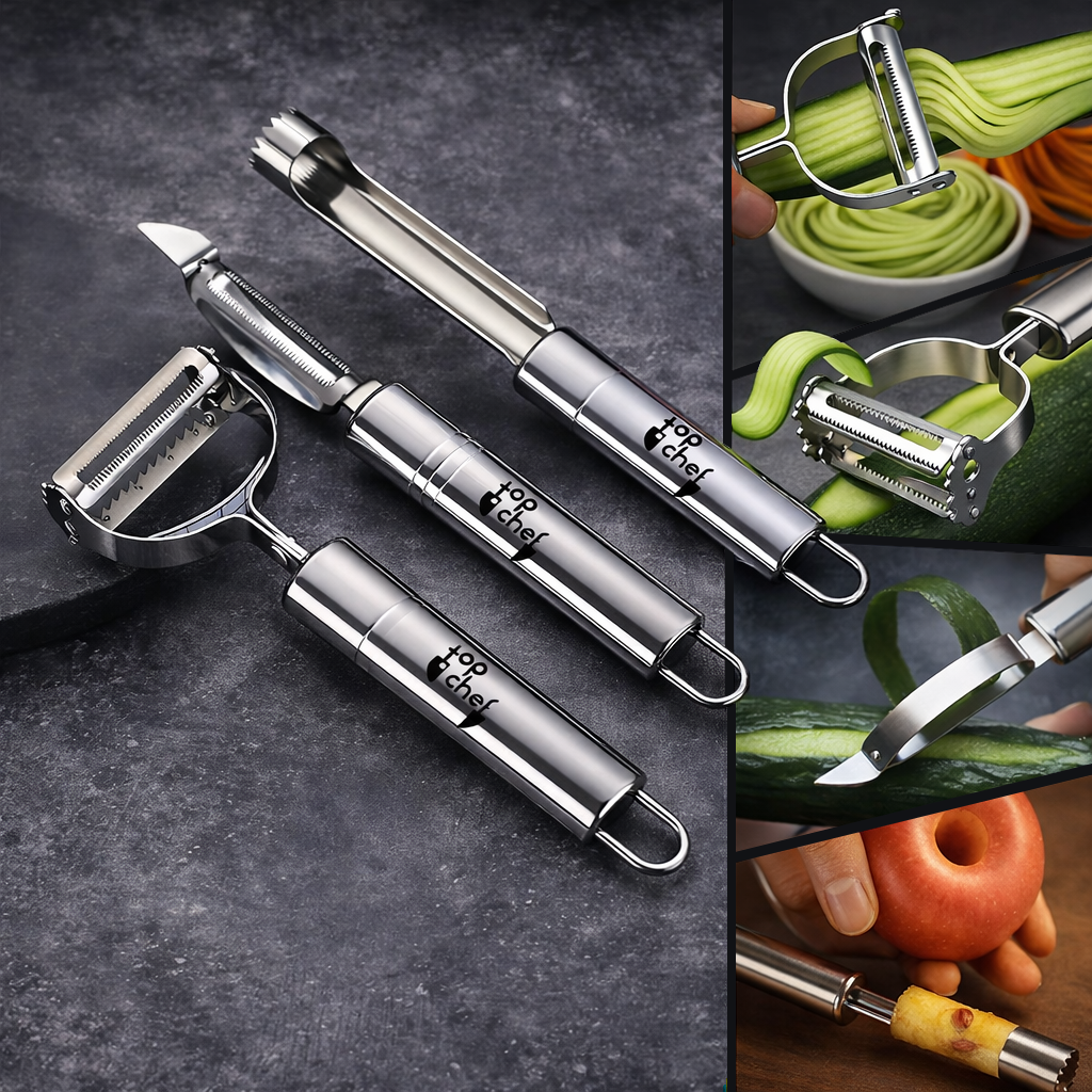 TriPeel Max 3-Piece Peeler Set – Stainless Steel Julienne, Serrated & Straight Peelers with Apple Corer