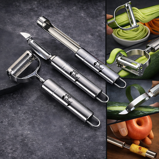 TriPeel Max 3-Piece Peeler Set – Stainless Steel Julienne, Serrated & Straight Peelers with Apple Corer