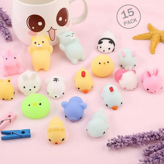 Kawaii Mochi Squishy Toys – Mini Animal Squishies (15-Pack) Party Favors & Pinata Fillers
