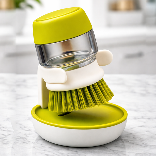 Soap Dispensing Cleaning Brush Set with Drip Tray – Dish & Sink Scrubber (Green)