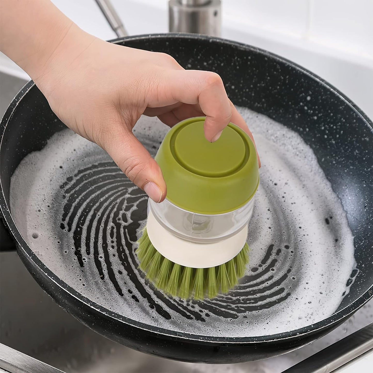 Soap Dispensing Cleaning Brush Set with Drip Tray – Dish & Sink Scrubber (Green)