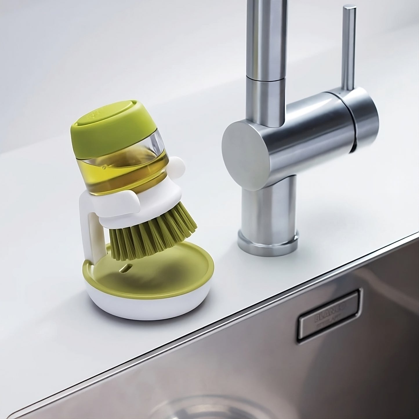 Soap Dispensing Cleaning Brush Set with Drip Tray – Dish & Sink Scrubber (Green)