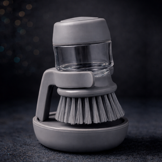 Soap Dispensing Cleaning Brush Set with Drip Tray – Dish & Sink Scrubber (Grey)