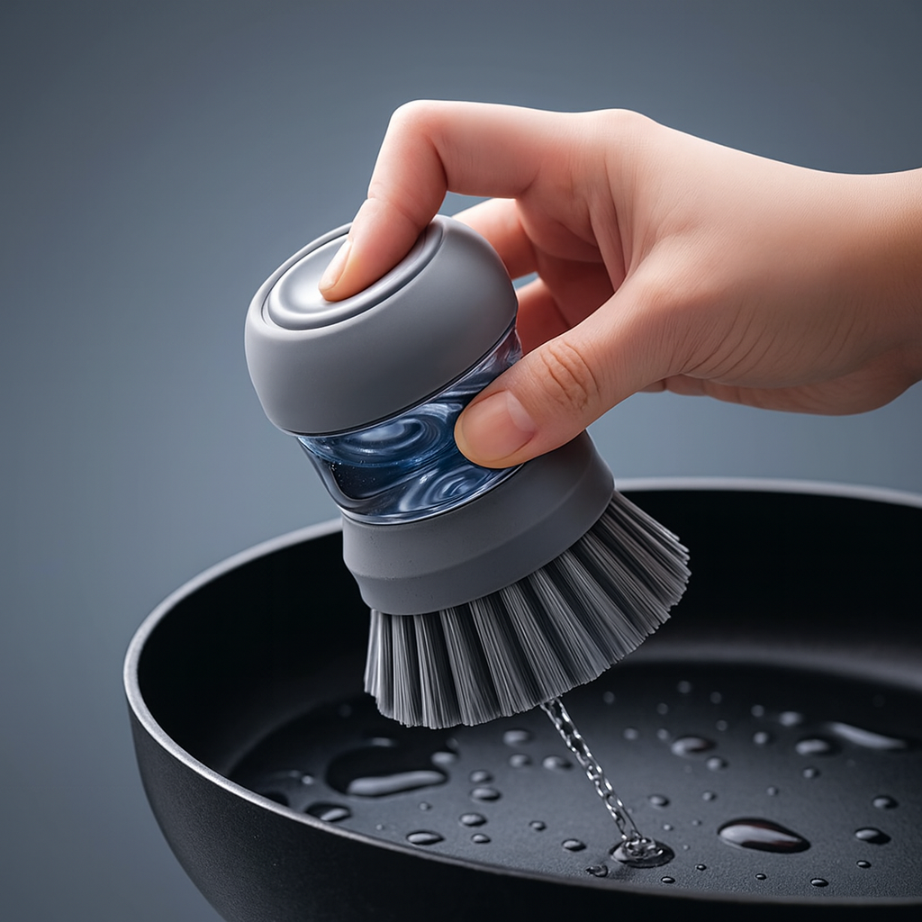 Soap Dispensing Cleaning Brush Set with Drip Tray – Dish & Sink Scrubber (Grey)