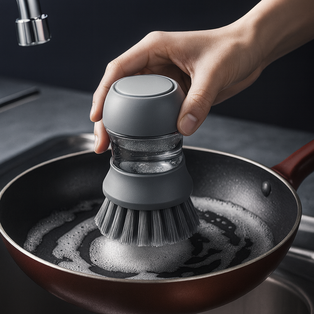 Soap Dispensing Cleaning Brush Set with Drip Tray – Dish & Sink Scrubber (Grey)