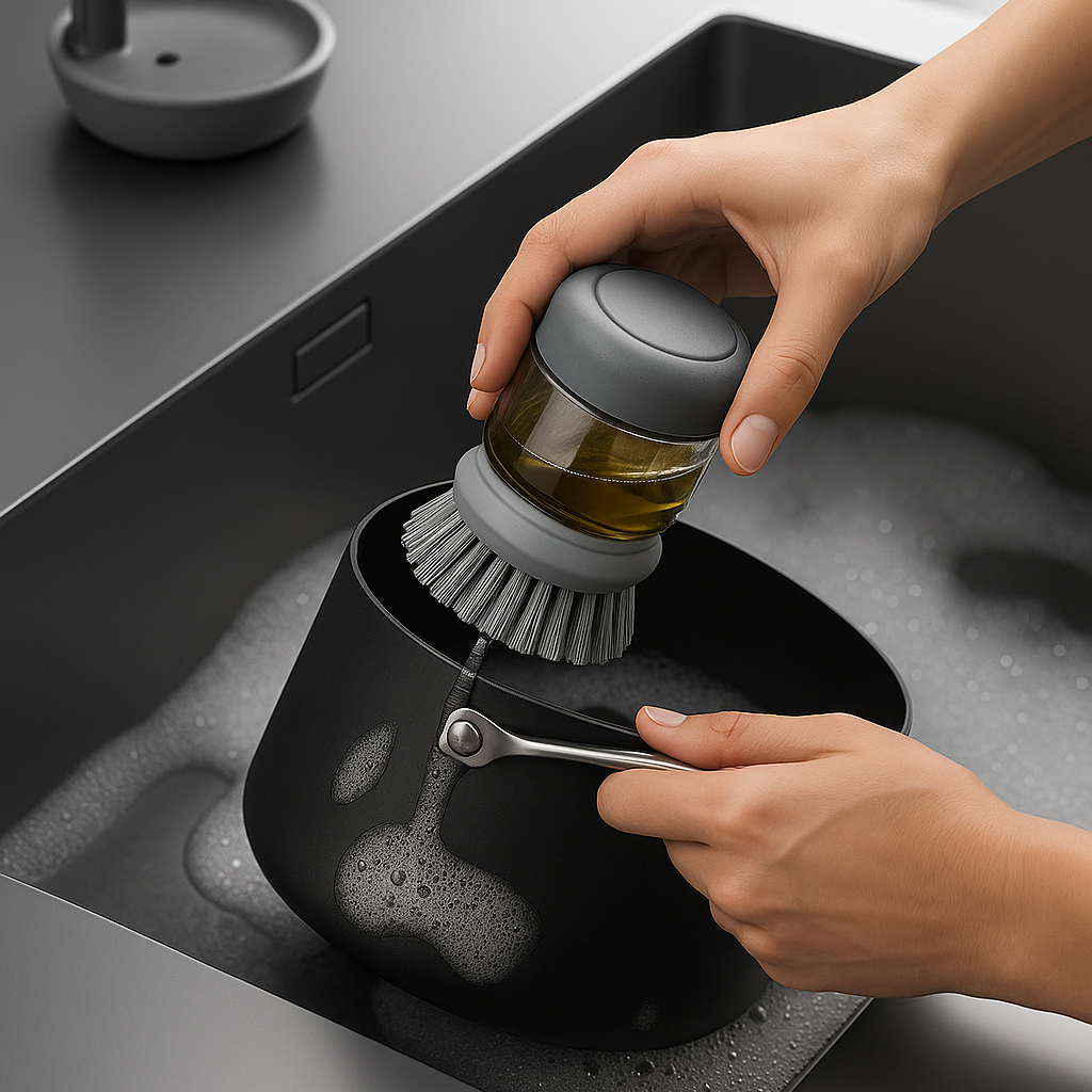 Soap Dispensing Cleaning Brush Set with Drip Tray – Dish & Sink Scrubber (Grey)