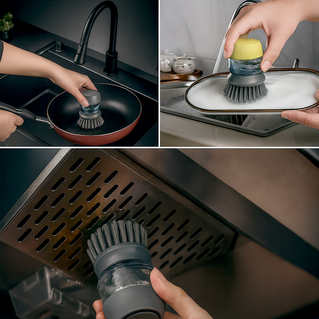 Soap Dispensing Cleaning Brush Set with Drip Tray – Dish & Sink Scrubber (Grey)