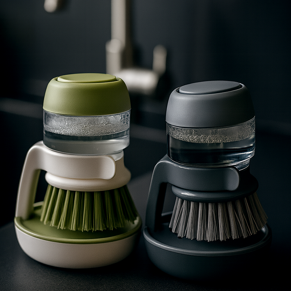 Soap Dispensing Cleaning Brush Set with Drip Tray – Dish & Sink Scrubber (Grey)