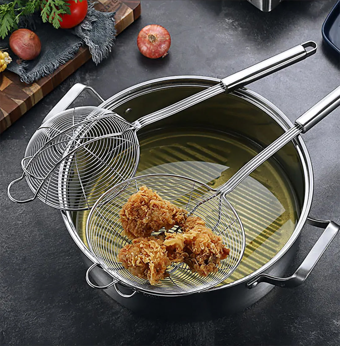 Deep Fry Skimmer Ladle – Stainless Steel Strainer with Long Handle (5.4 Inch)